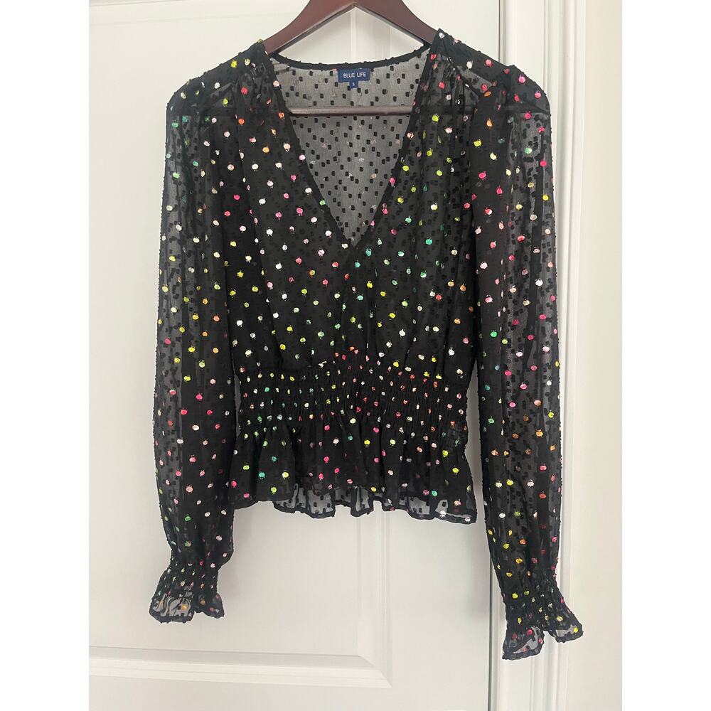 Blue life v-neck blouse multicolored Dot Pattern Sz. S black